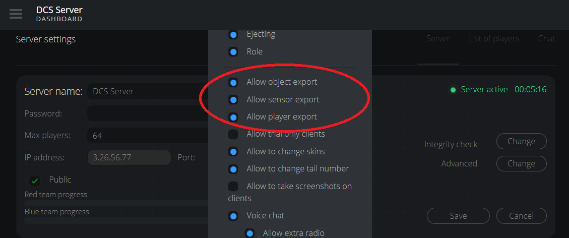 DCS Server Dashboard export options