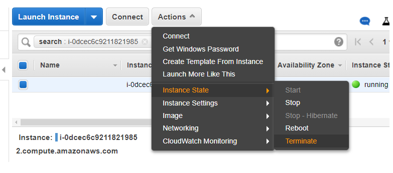 Terminating an instance from the AWS EC2 console